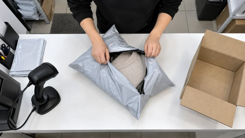 Кадр камеры над стойкой выдачи: вскрытие посылки при клиенте