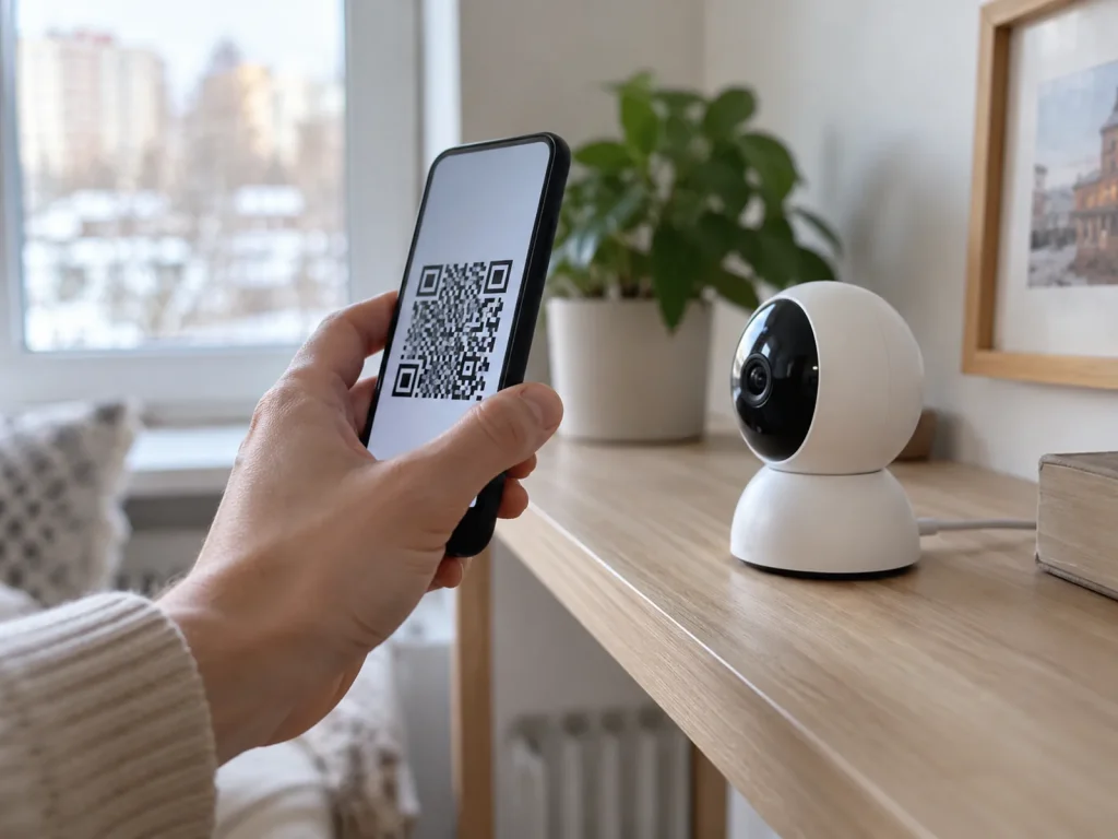 Камера считывает QR-код с экрана телефона при подключении к Wi-Fi