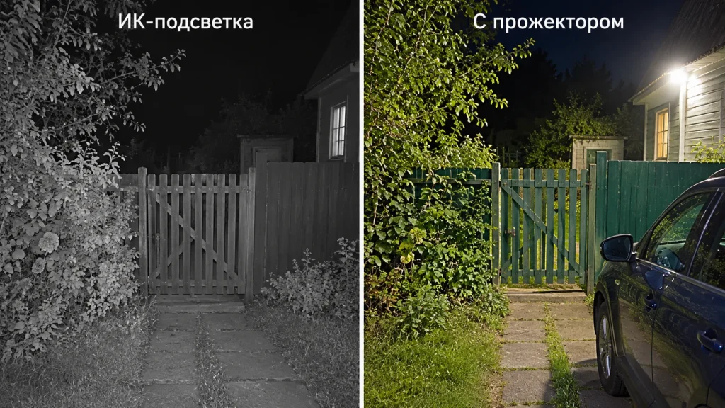 Ночной кадр дачи с ИК-подсветкой и с прожектором